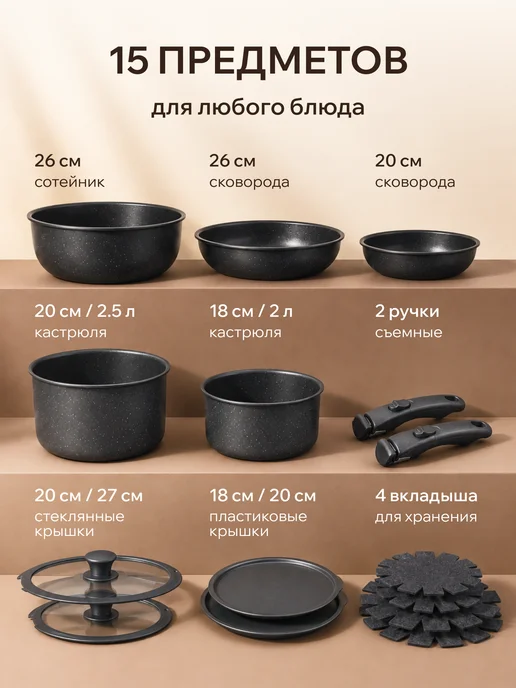 Оригинальный⠀товар Набор кастрюль и сковородок с крышками антипригарные, черный, фото 2