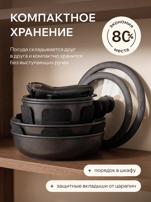 Оригинальный⠀товар Набор кастрюль и сковородок с крышками антипригарные, черный, фото 8