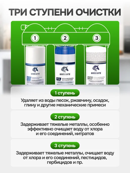 Unicorn Фильтр для воды под мойку тройная система очистки, белый, фото 2