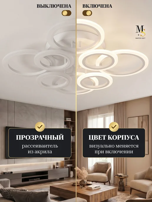 MASTER SVET Люстра потолочная светодиодная в спальню гостиную с пультом, белый, фото 3