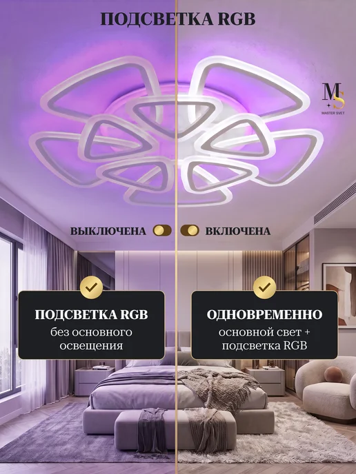 MASTER SVET Люстра потолочная светодиодная в зал гостиную подсветкой RGB, белый, фото 3