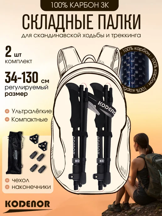 KODENOR Палки для скандинавской ходьбы складные. 100% карбон, серый