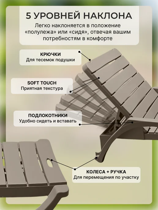 ADRIANOPLAST Садовый шезлонг для отдыха пластиковый усиленный, коричневый, фото 4