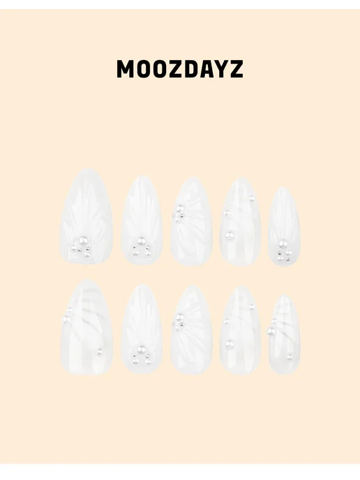 moozdayz Накладные ногти с дизайном и клеем длинные с 3D, белый, фото 3