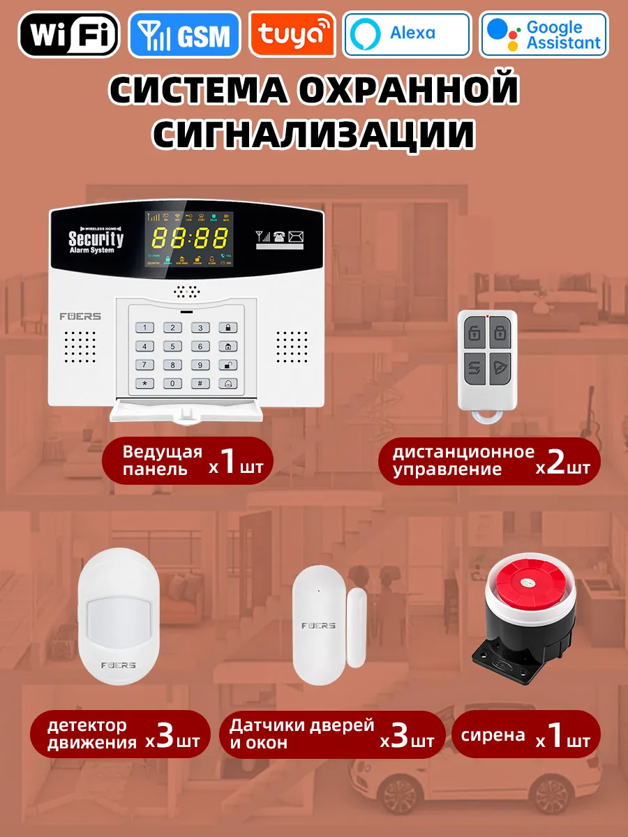 Умная система сигнализации Tuya с Wi-Fi, GSM, 2G, ИК-датчиком и датчиком открытия дверей/окон.