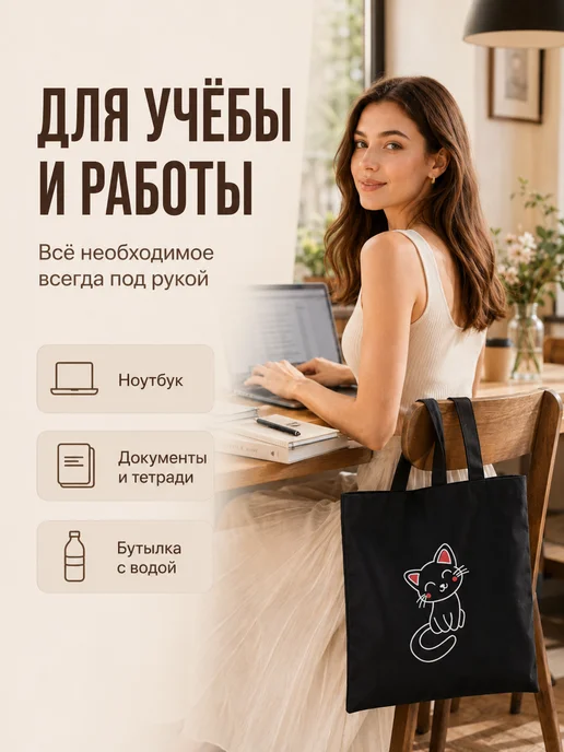 Маля Сумка шоппер на молнии милый котик, черный, фото 3