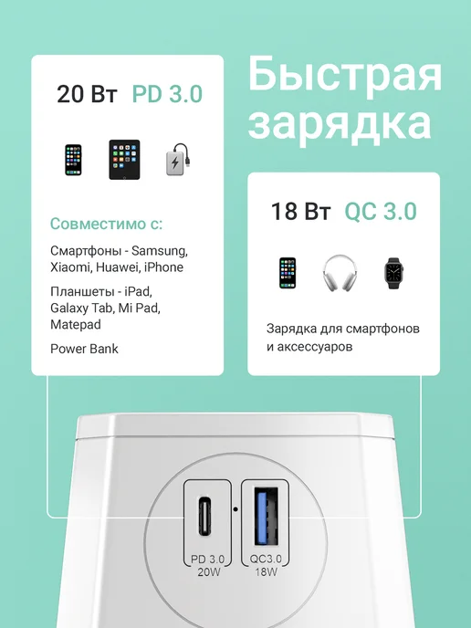 AGNI Тройник для розетки с ночником и USB Type-C, белый, фото 3