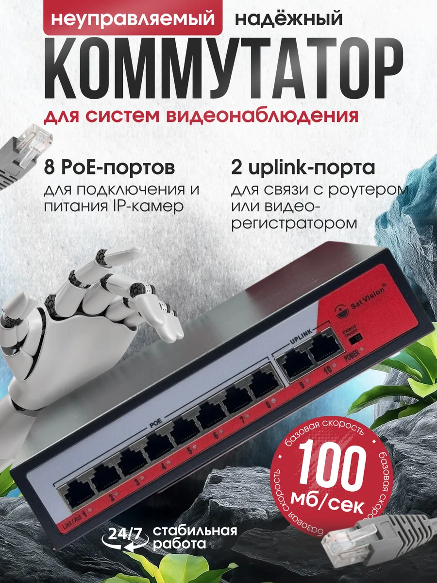 Коммутатор POE 8 + 2 Uplink порта 250 m