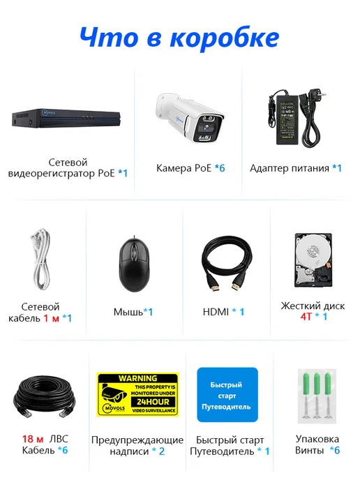 movols guard your home Комплект видеонаблюдения IP на 6 камер POE 8Мп 4TB, 4 ТБ, фото 2