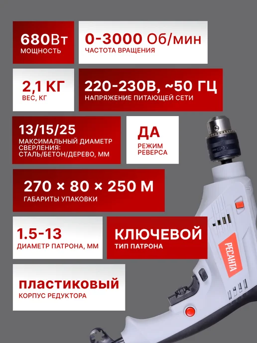 Дрель электрическая от сети ударная ДУ-15/680 — фото 3