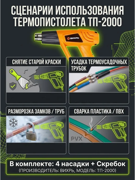 ВИХРЬ Фен строительный электрический с кейсом ТП-2000, черный, фото 7