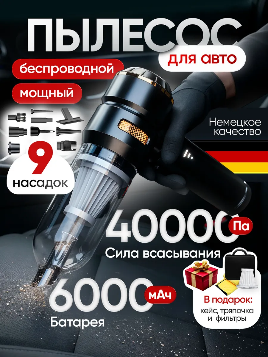 Пылесос для автомобиля беспроводной мощный с насадками 4в1