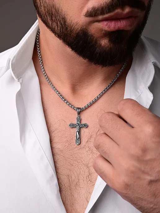 MedSteel Цепочка на шею с крестиком православным, белый, фото 8