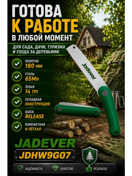 JADEVER Пила складная садовая 180 мм JDHW9G07 для деревьев, зеленый, фото 7