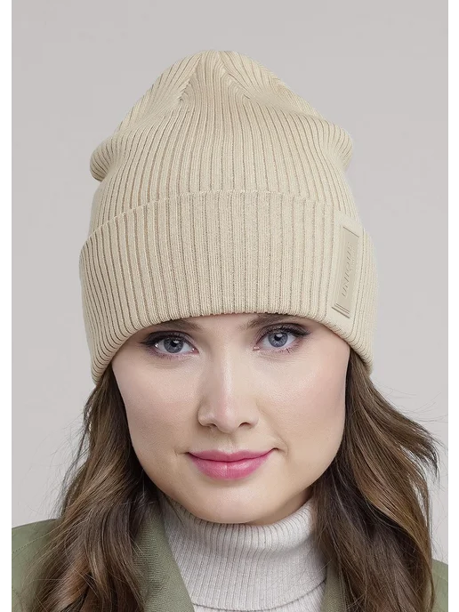 CLEVER WEAR Шапка бини с отворотом вязаная, бежевый, фото 2