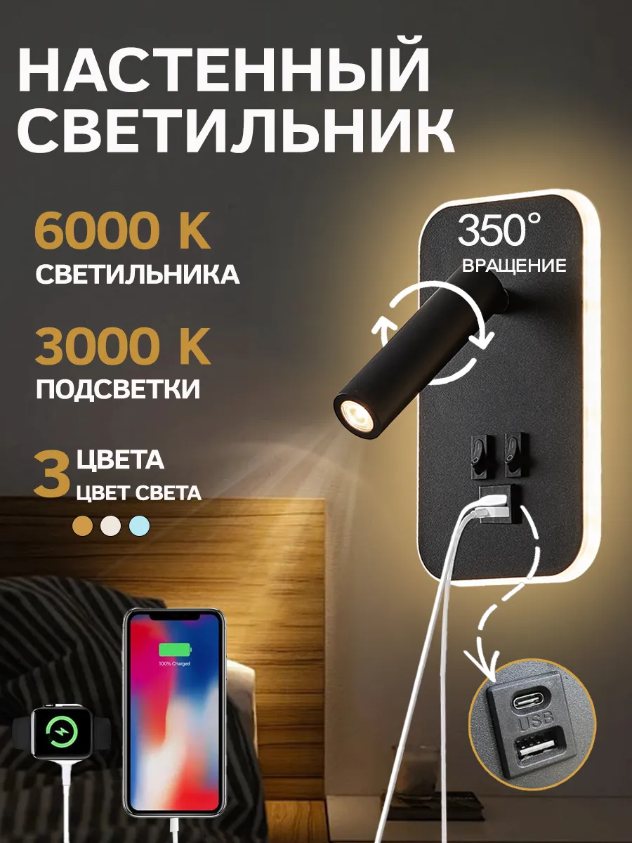 светильник настенный с выключателем с USB и Type-C 13 ВТ