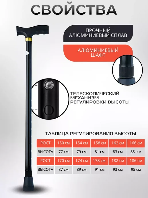 Трость опорная для ходьбы, черный, фото 2
