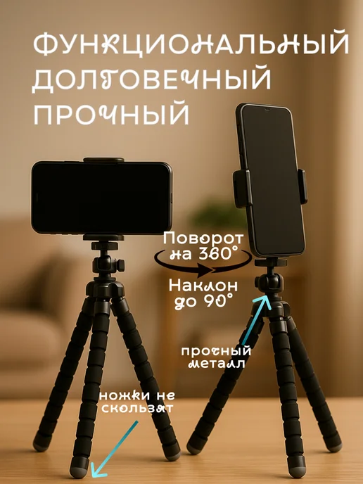 Grand House Мини штатив настольный гибкий для телефона с креплением, вариант, фото 3