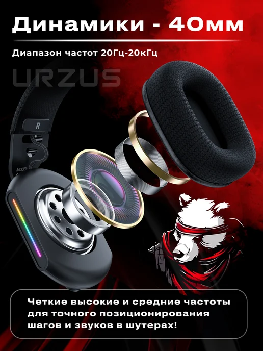 URZUS Наушники с микрофоном игровые проводные для ПК UR-5524118, черный, фото 5