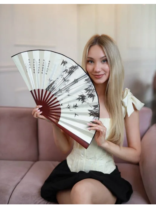 asiaveershop Веер складной двусторонний с бамбуком и иероглифами, вариант, фото 2