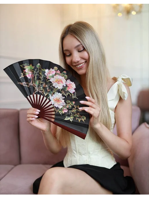 asiaveershop Веер черный складной средней длины с цветами, черный, фото 2