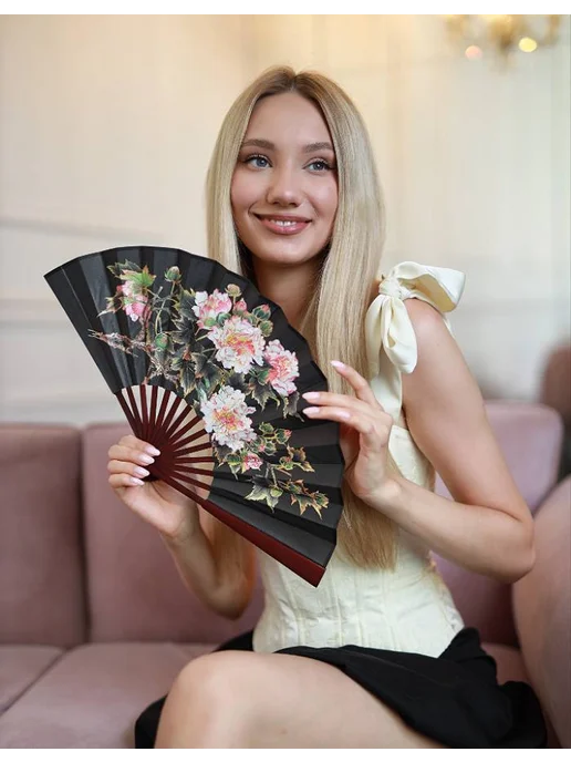 asiaveershop Веер черный складной средней длины с цветами, черный, фото 3