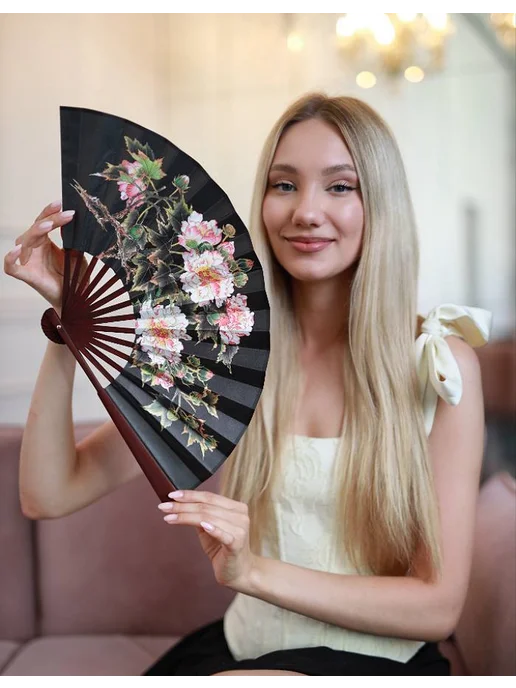 asiaveershop Веер черный складной средней длины с цветами, черный, фото 4