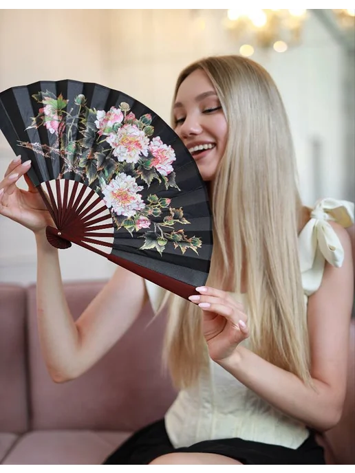 asiaveershop Веер черный складной средней длины с цветами, черный, фото 5