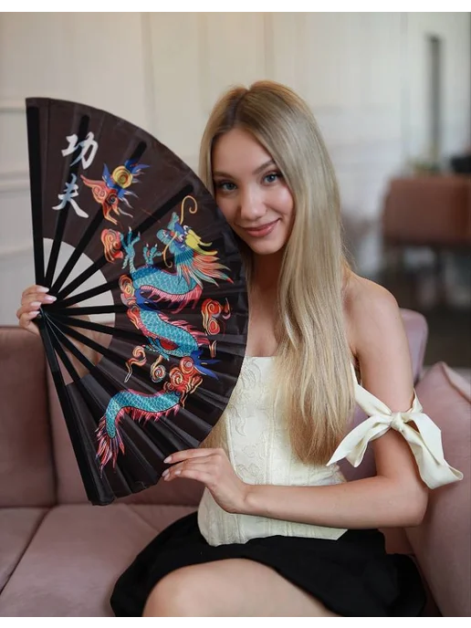 asiaveershop Веер складной двусторонний с бамбуком и иероглифами, черный, фото 2
