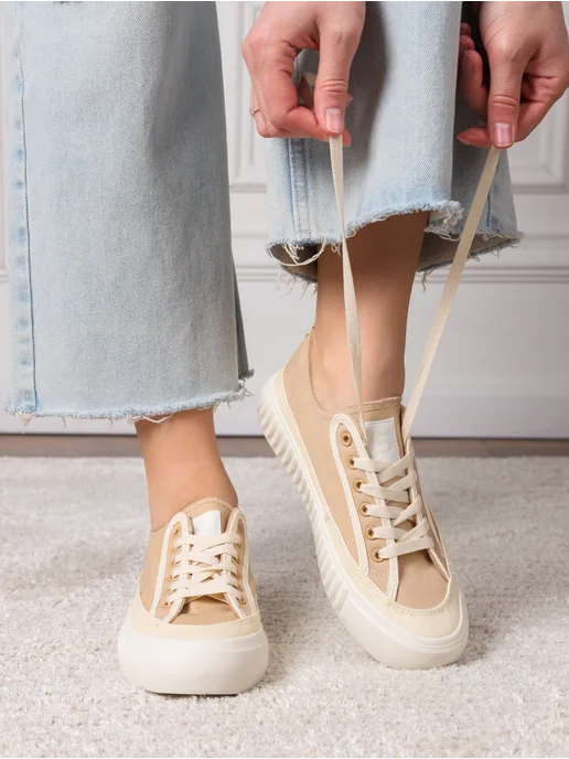 ZM shoes Тканевые кеды женские на высокой подошве, бежевый, фото 3