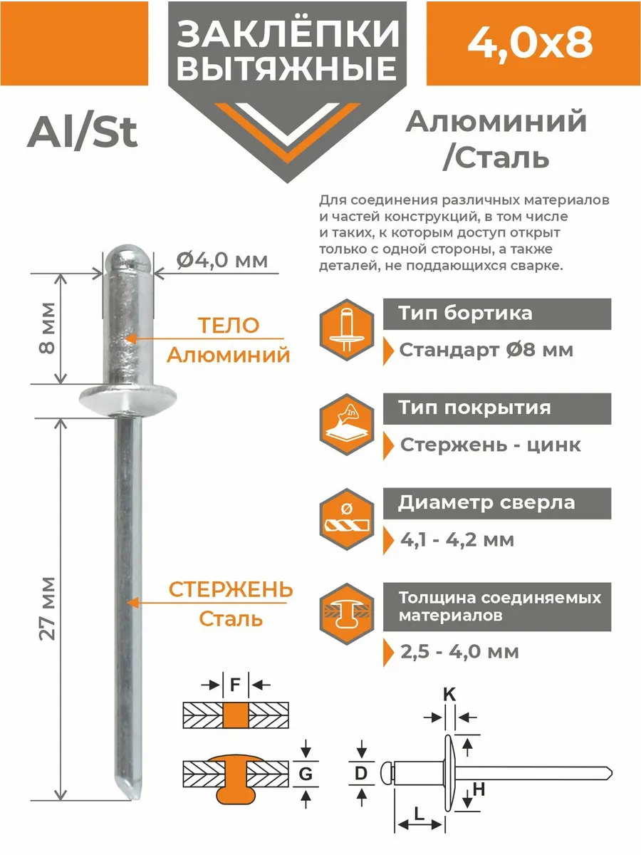Заклёпка вытяжная 4,0х8,0 (1000 шт) алюминий-сталь