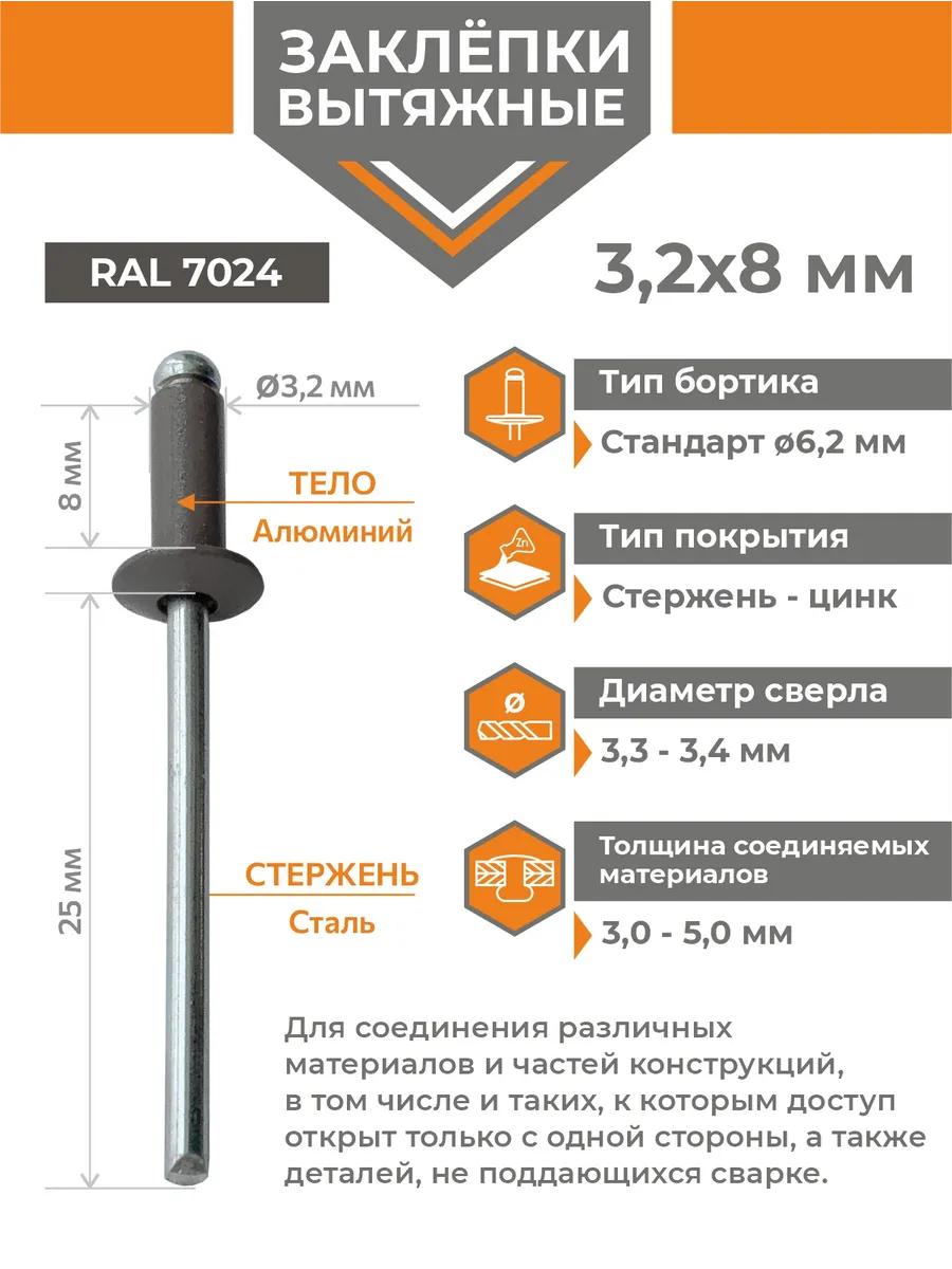 Заклёпка вытяжная 3,2х8 ал/ст темно-серый RAL 7024 (50 шт)