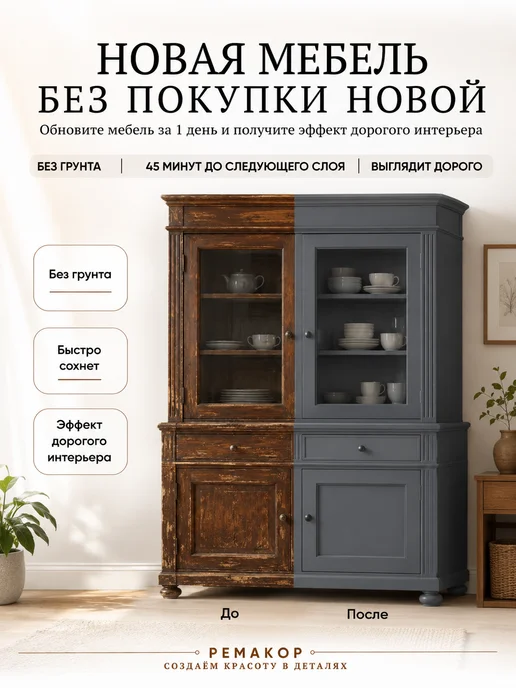 РеМаКор Краска для мебели меловая, без запаха, Серый уголь, серый, фото 2