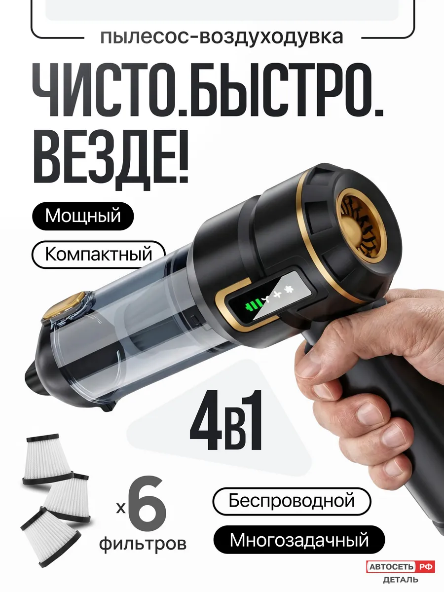 Пылесос для автомобиля беспроводной мощный с насадками 4в1