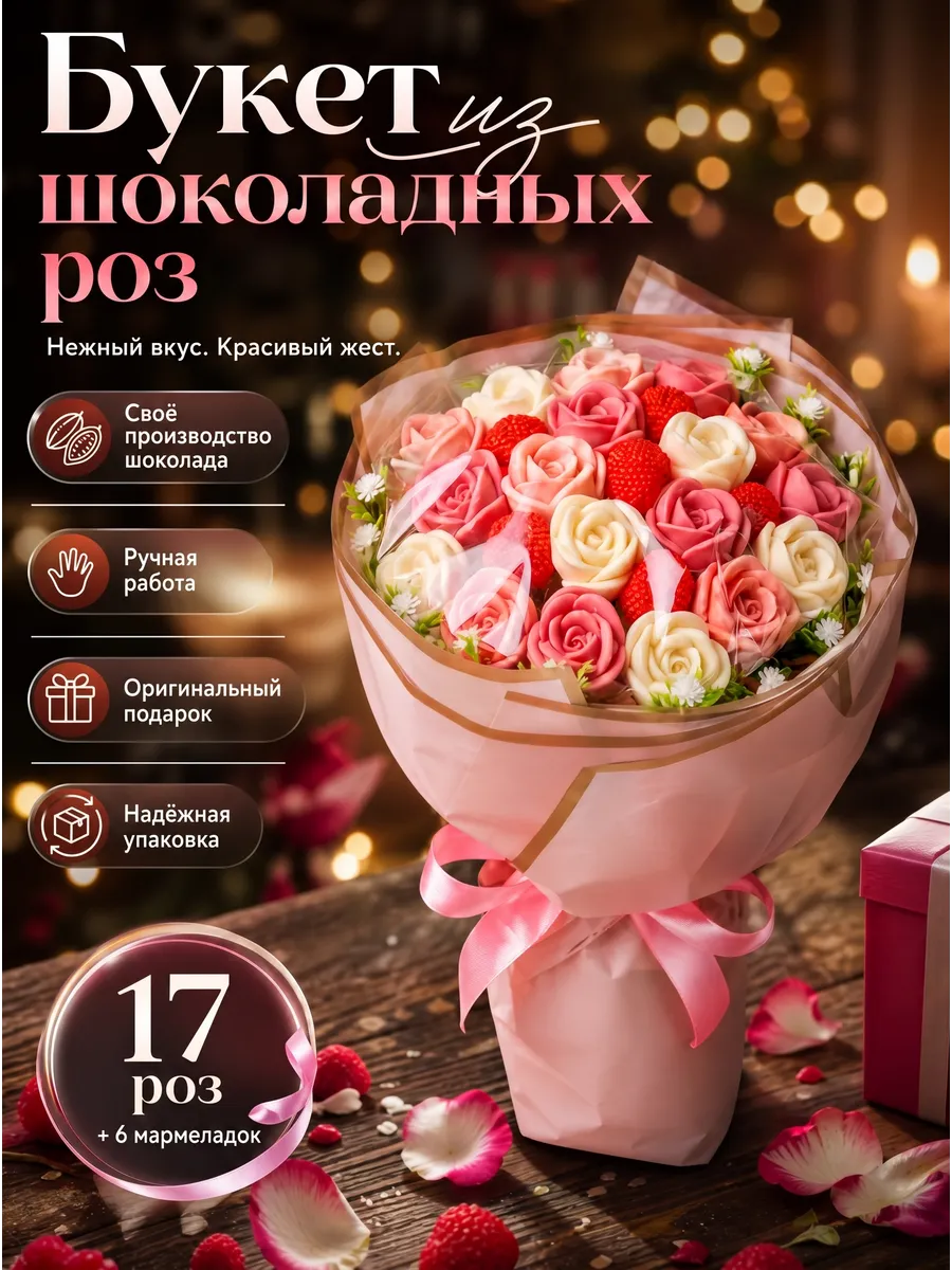 Съедобный букет из 17 шоколадных роз и 6 мармеладок
