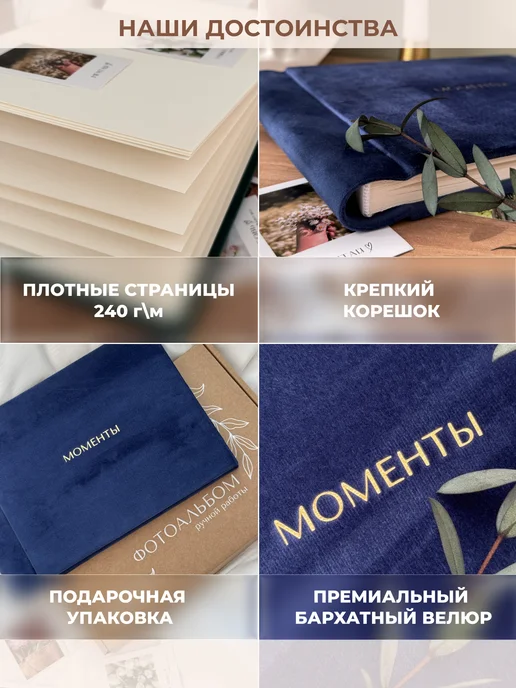 MAlbums Велюровый фотоальбом маленький со стикерами Моменты, синий, фото 5