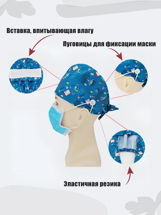 Колпак медицинский из хлопка с завязками и пуговицами, голубой, фото 3