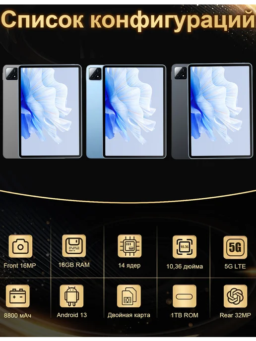 10 36-дюймовый Android 13-планшет с клавиатурой, голубой, фото 3