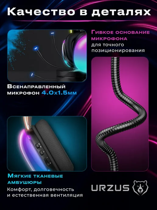 URZUS Наушники с микрофоном игровые проводные для ПК UR-5524120, черный, фото 3