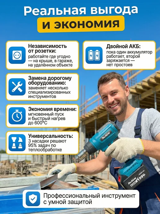 TechShop Фен строительный аккумуляторный, термофен технический, синий, фото 5