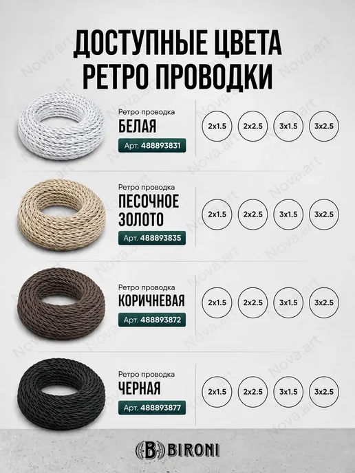 Bironi Ретро проводка витой кабель Бирони 2х1,5 20м, 2x2.5, 10 м, фото 2