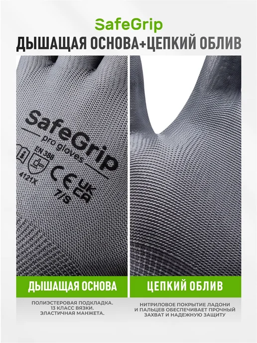 SafeGrip Легкие рабочие перчатки с нитрилом 5 пар Safe Grip, серый, фото 3