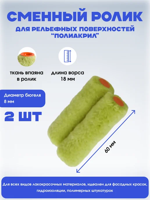 Ролик малярный полиакрил mini, 60 мм, в наборе - 2 шт, 60 мм