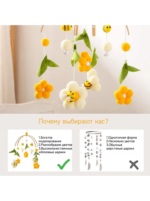 Мобиль на кроватку пчелками цветами эко-материалы Россия, вариант, фото 3