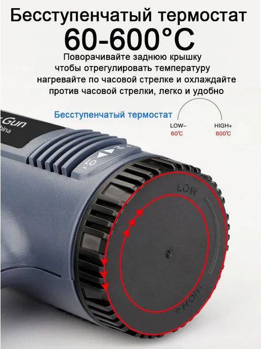 Строительный фен 2000Вт 4 насадки плавная регулировка, 2000 Вт, фото 3