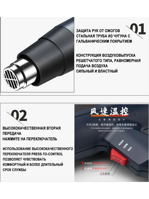 Строительный фен 2000Вт 4 насадки плавная регулировка, 2000 Вт, фото 4